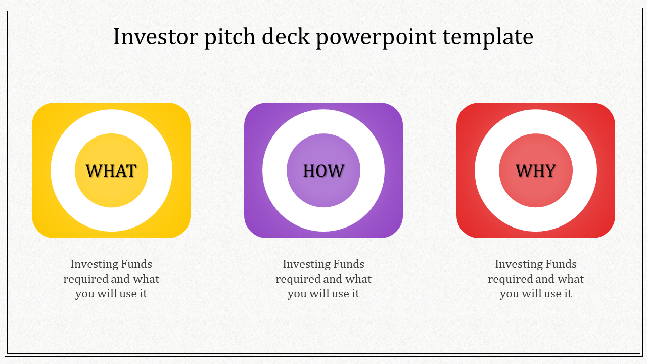 Three circular diagrams in yellow, purple, and red for investor pitch deck placed in white background.