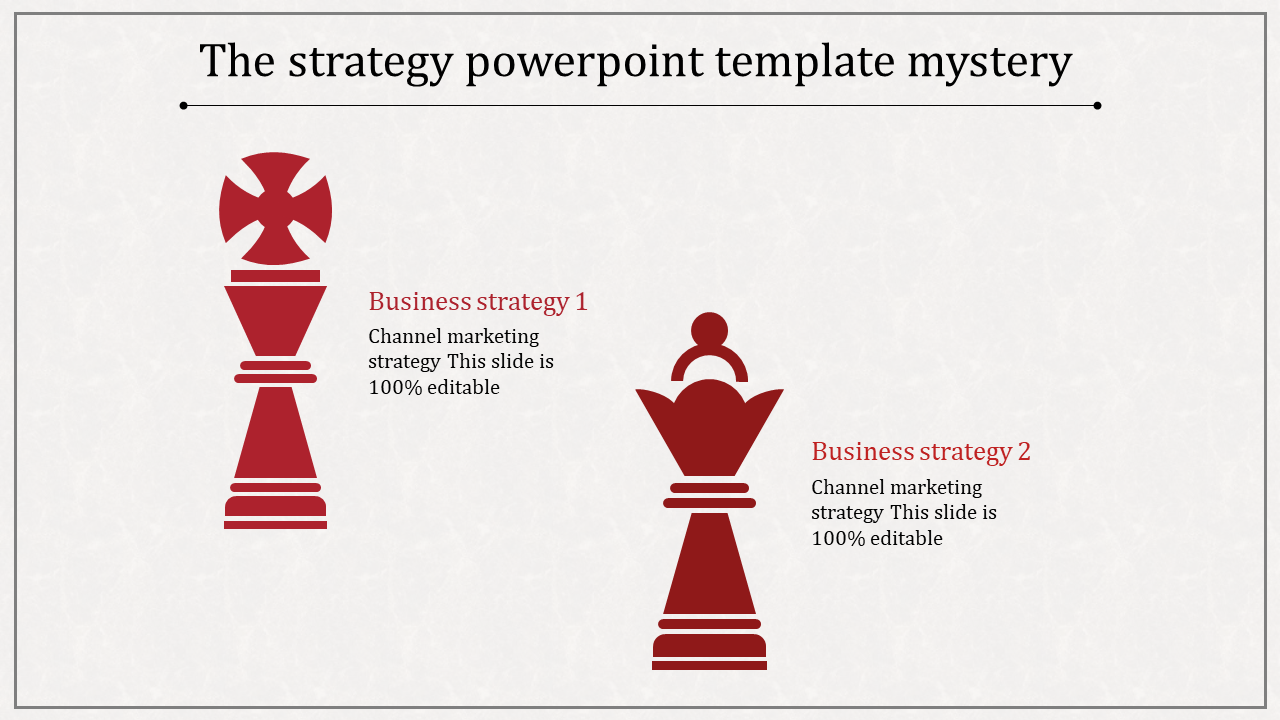 Two red chess pieces representing business strategies, with text descriptions on a textured white background.