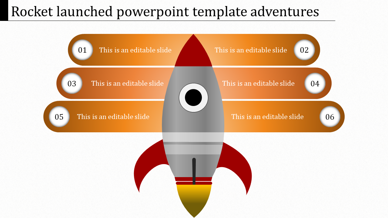 Slide with a central rocket illustration and six horizontal orange banners containing numbered circles and text.