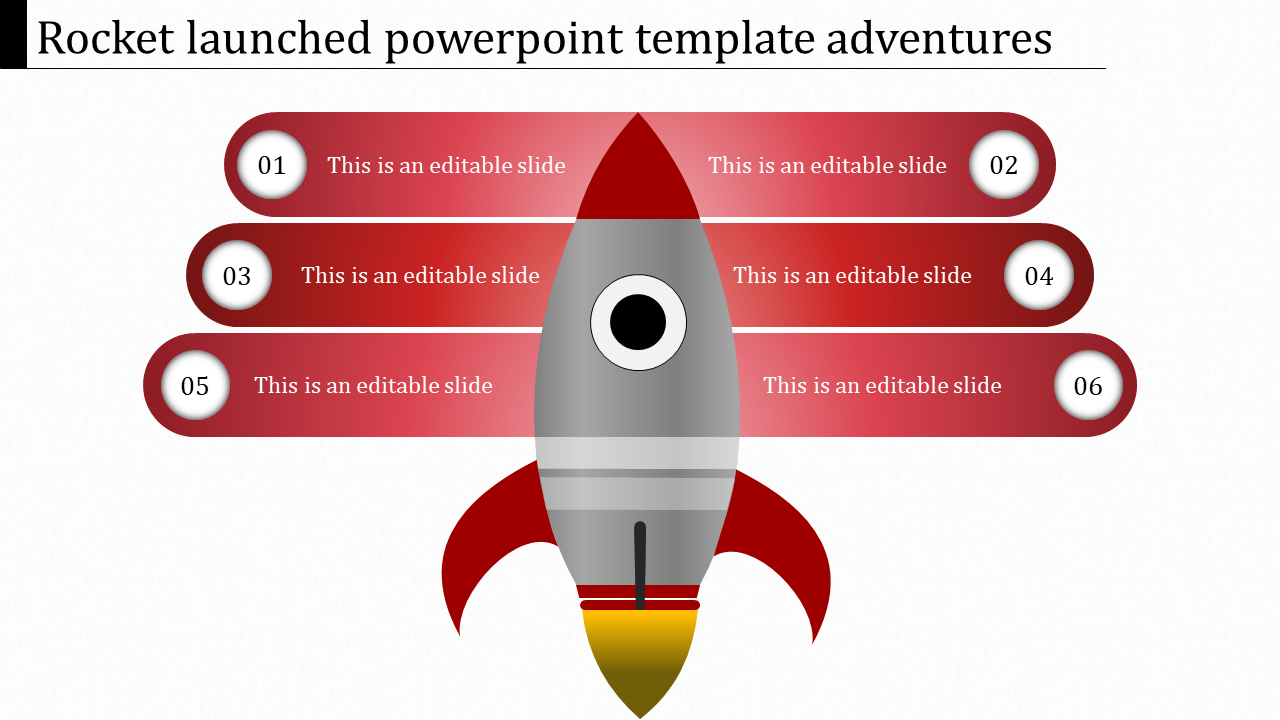 Red themed rocket launch PowerPoint template with six sections for content, labeled 01 to 06.