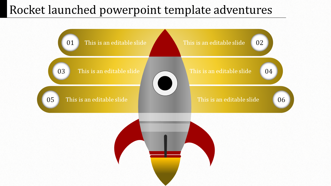 Vertical rocket illustration with six gray rounded banners with caption areas numbered from 01 to 06 on both sides.