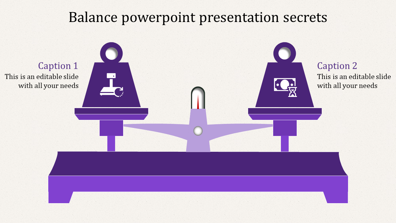 Purple balance scale infographic with two weighted sides, each labeled with icons and captions on a neutral background.