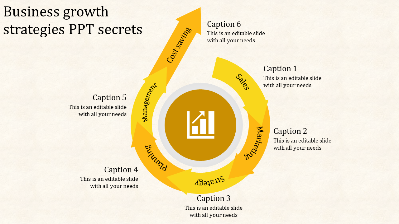 Multicolored circular flow diagram illustrating business growth stages with upward pointing arrows.