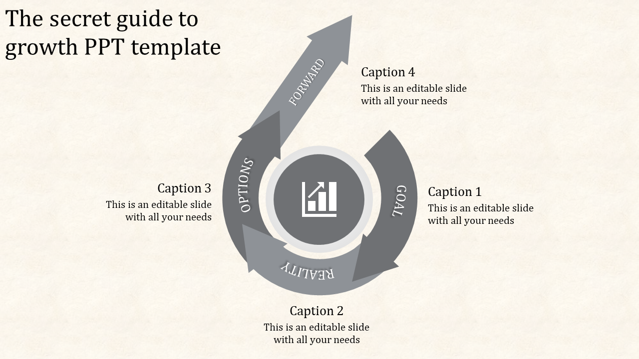A PowerPoint template for growth, featuring a grey circular flow chart with four stages with placeholder text.