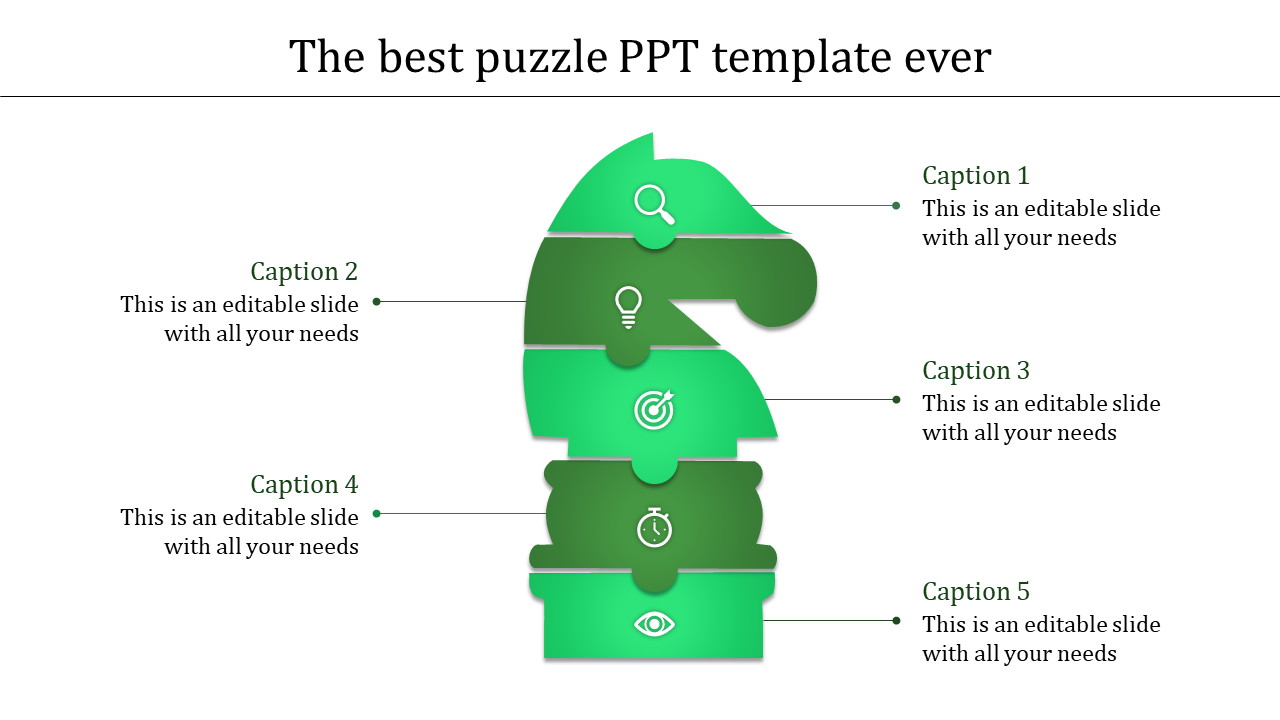 Visually structured puzzle infographic in the shape of a chess knight, with five green layers, featuring icons and text.