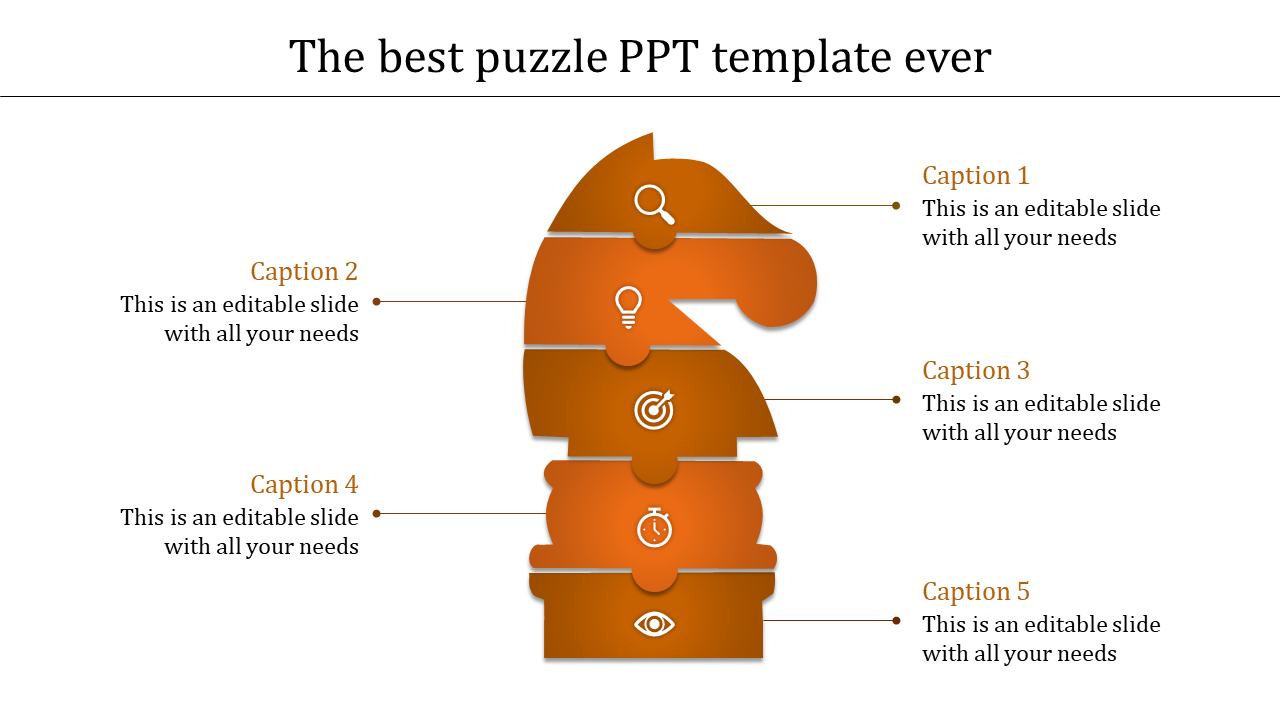 A creative PowerPoint puzzle slide with an orange horse shaped design, featuring icons each with placeholder text.