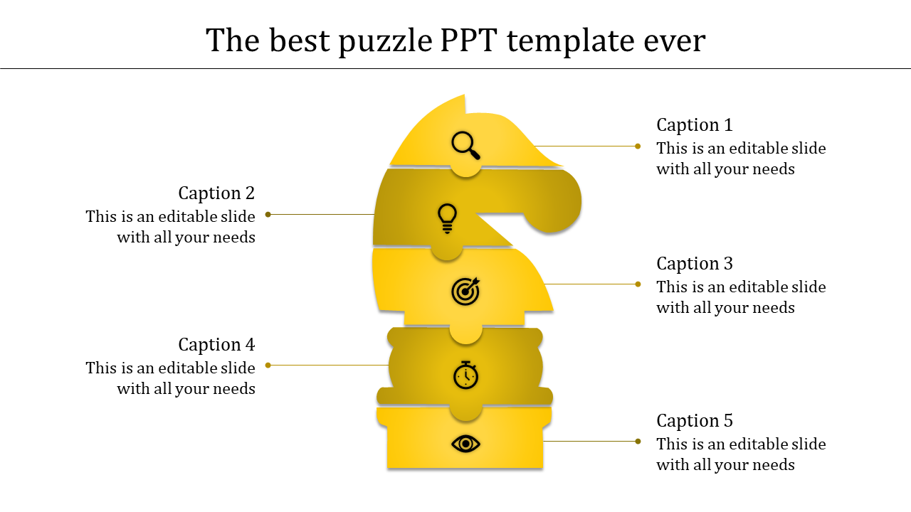 Yellow chess knight puzzle infographic with five stacked pieces, each linked to captions and icons on a white background.