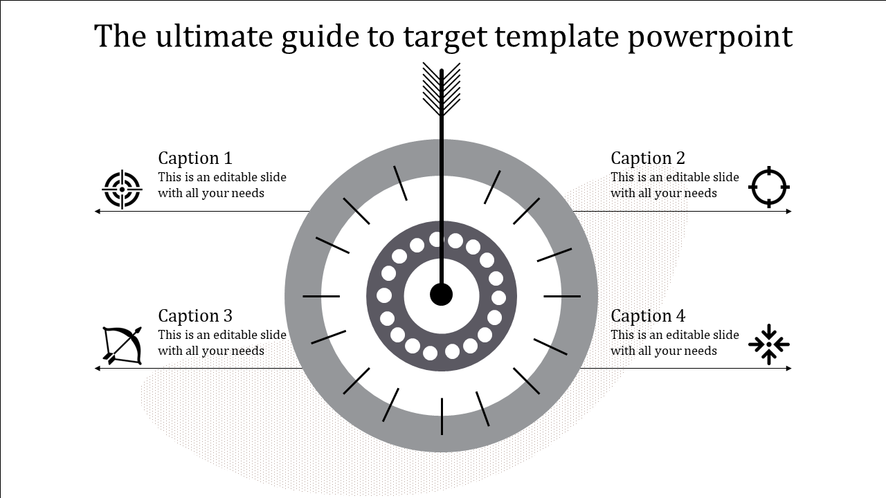 Black and white slide with a target diagram, an arrow in the center, and four caption areas with directional icons.