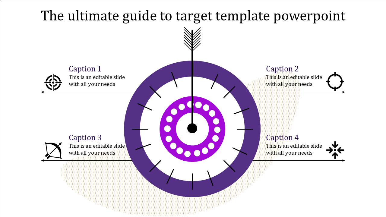 Green target graphic slide with concentric circles and an arrow at the bullseye, surrounded by four icons.