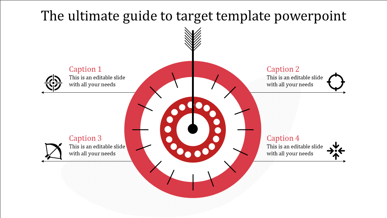 Red and white target infographic with an arrow hitting the center, surrounded by four captions and icons.