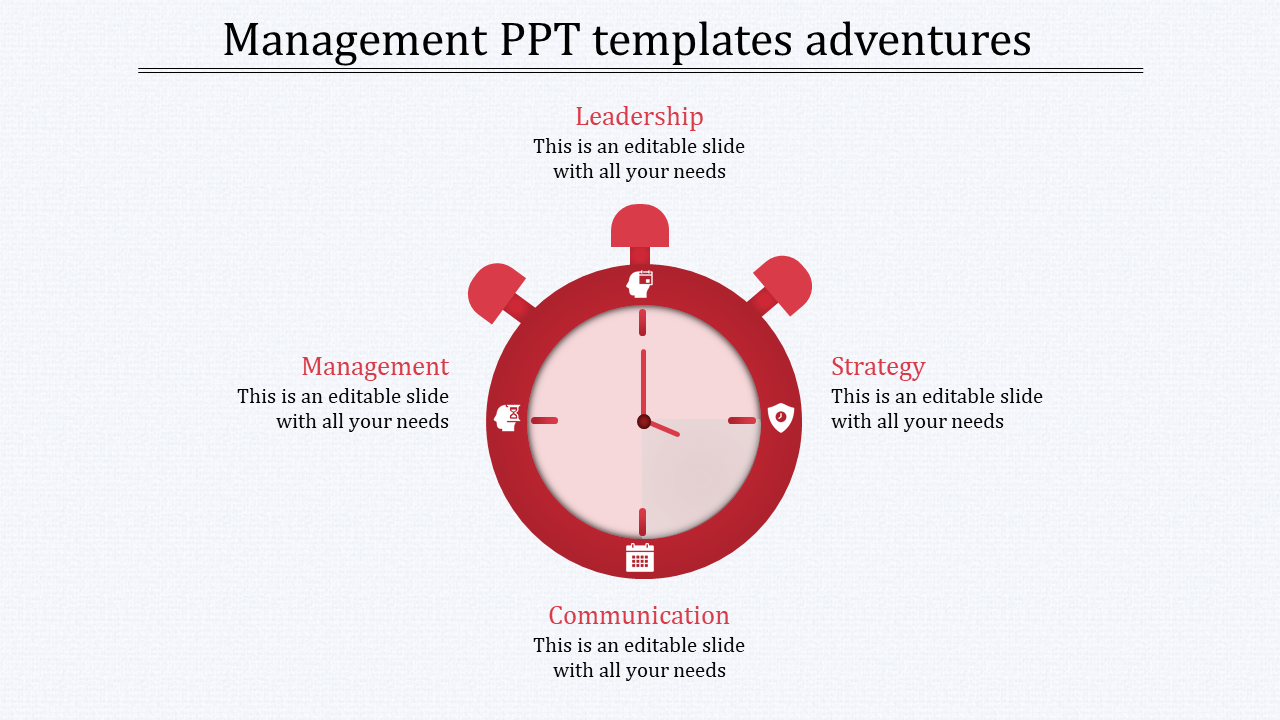 Business slide with a red clock design, highlighting four key management concepts in a structured layout.