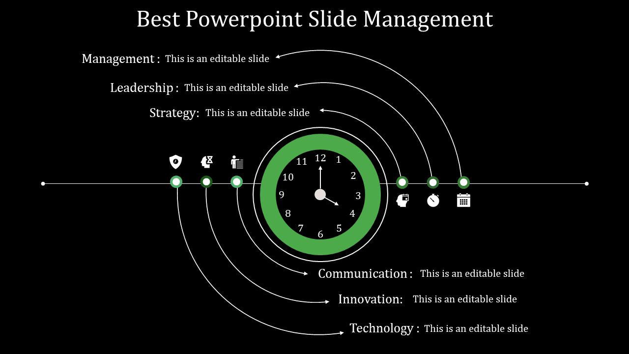 A creative PowerPoint slide featuring a green clock in the center, with arrows pointing to icons on a dark backdrop.