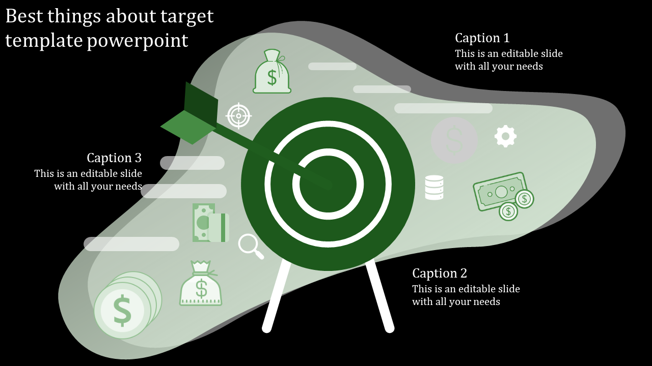 A green target PowerPoint slide featuring icons of money bags, coins, and dollar symbols, with caption placeholders.