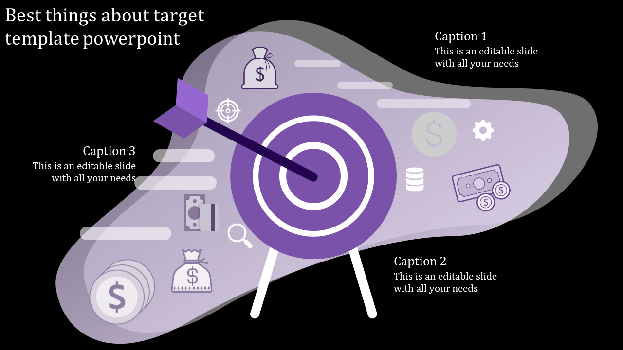 A purple target PowerPoint slide featuring icons of money bags, coins, and dollar symbols, with caption placeholders.