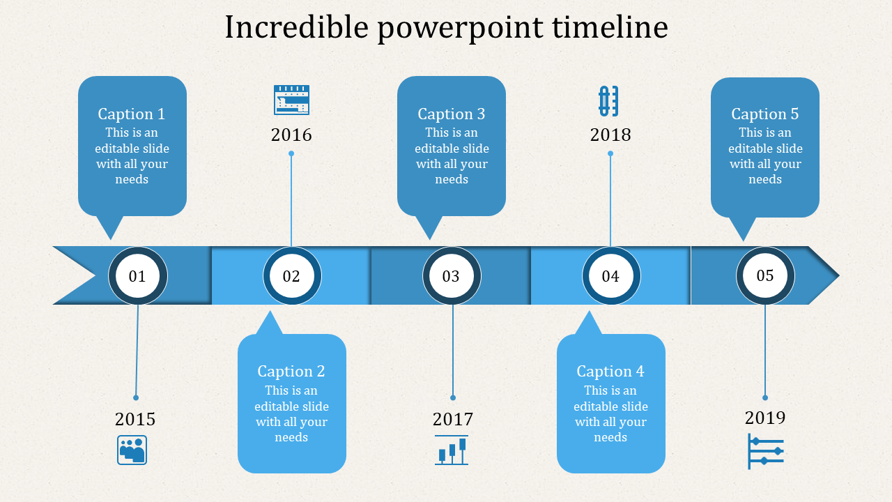 Slide featuring a horizontal blue timeline with five numbered stages, each connected to a square caption box and an icon.