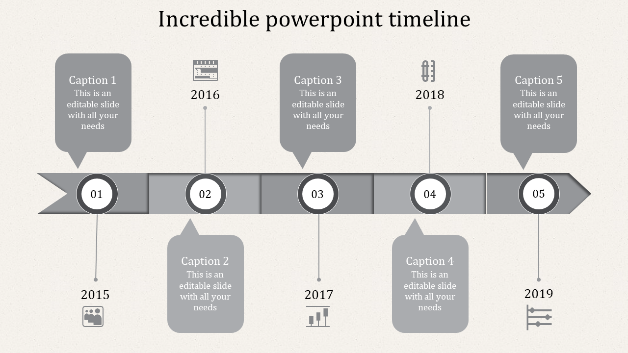 Horizontal timeline with multicolored circles labeled 20XX, connected by curved lines with captions areas above and below.