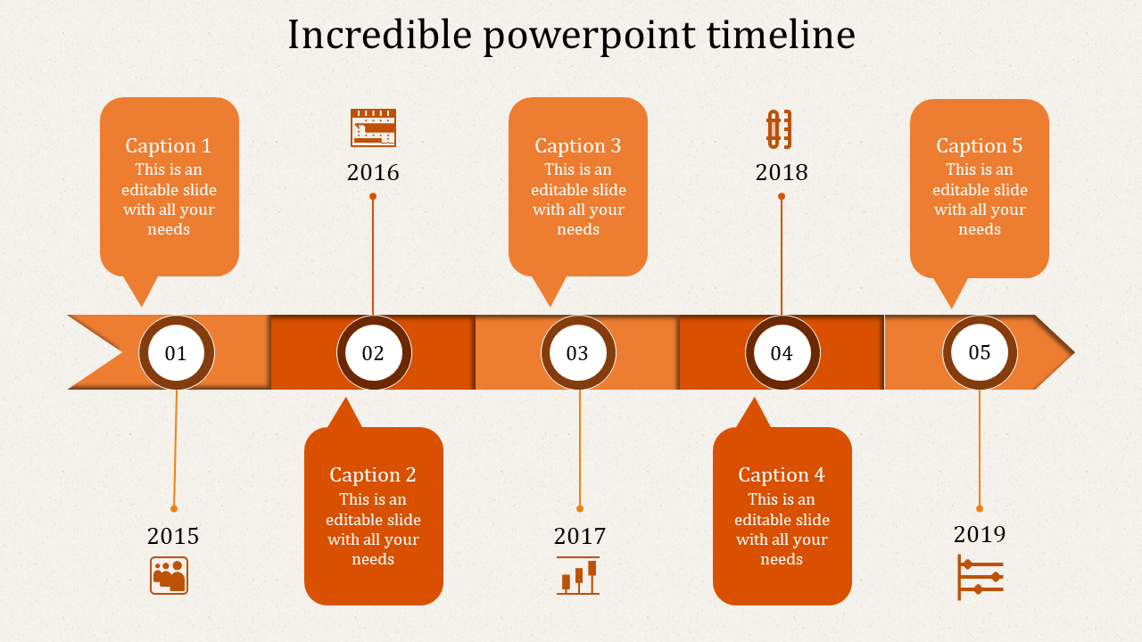 An orange themed timeline PowerPoint slide with numbered markers 1 to 5 for 2015 to 2019, each with icons and caption areas.