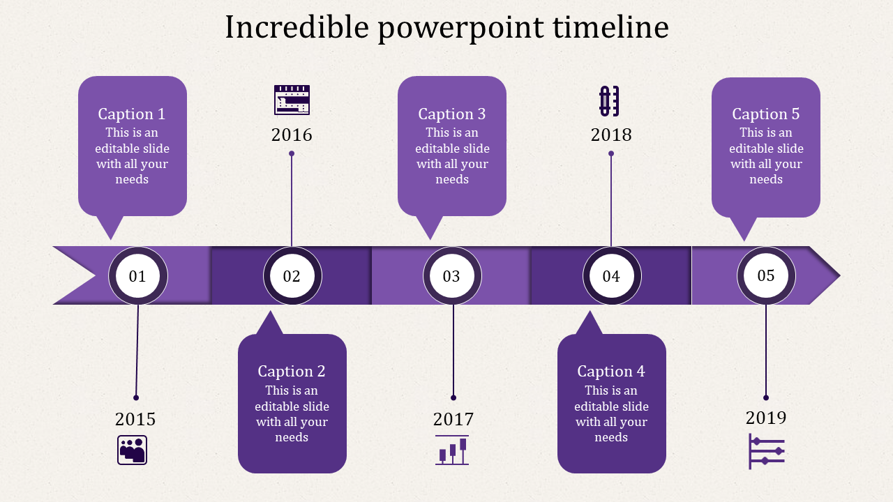 Grey ribbon timeline template with five circular nodes numbered 01 to 05, connected to years 2015-2019 and icons.