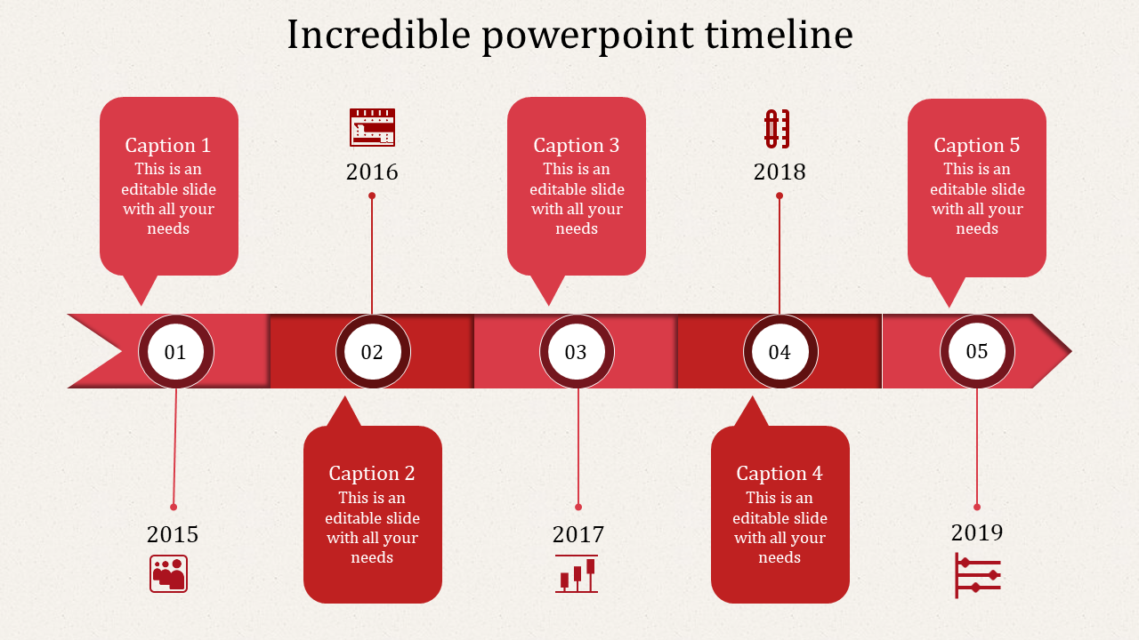 Five step red timeline infographic with numbered circles, caption boxes, icons, and milestone years from 2015 to 2019.