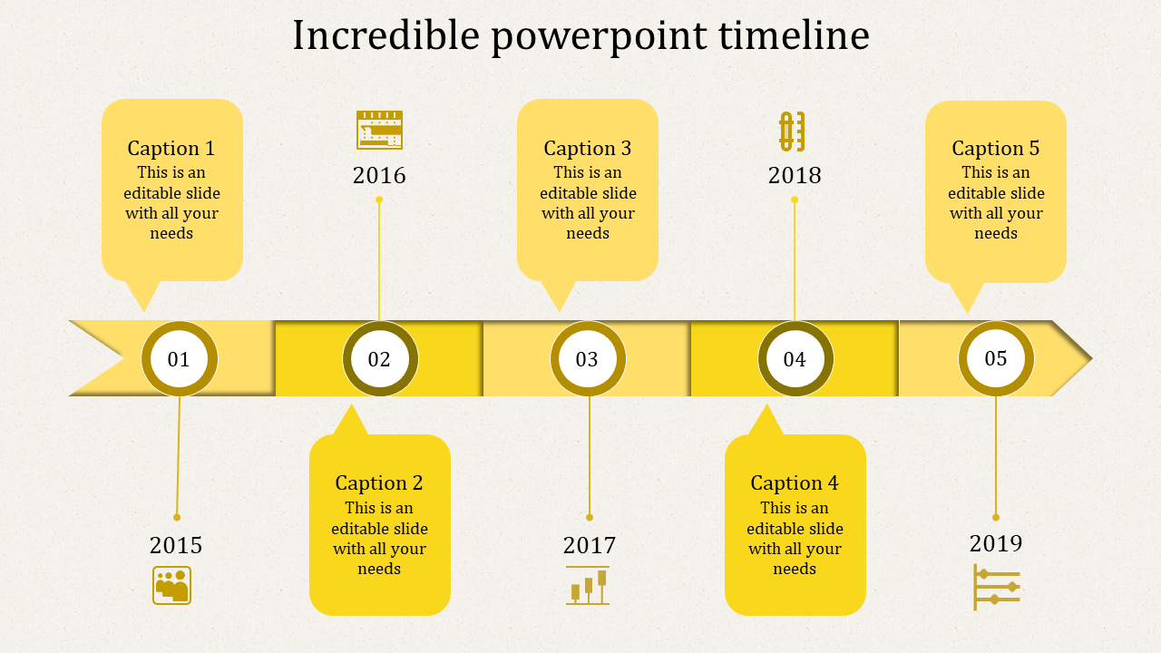 A yellow themed timeline PowerPoint slide with numbered markers 1 to 5 for 2015 to 2019, each with icons and caption areas.