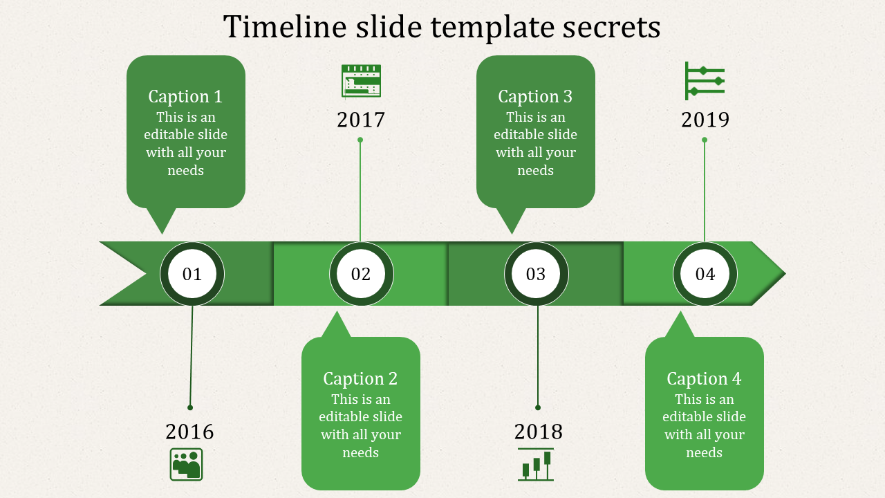 Slide featuring a horizontal green timeline with four numbered circles and speech bubble captions, and icons.