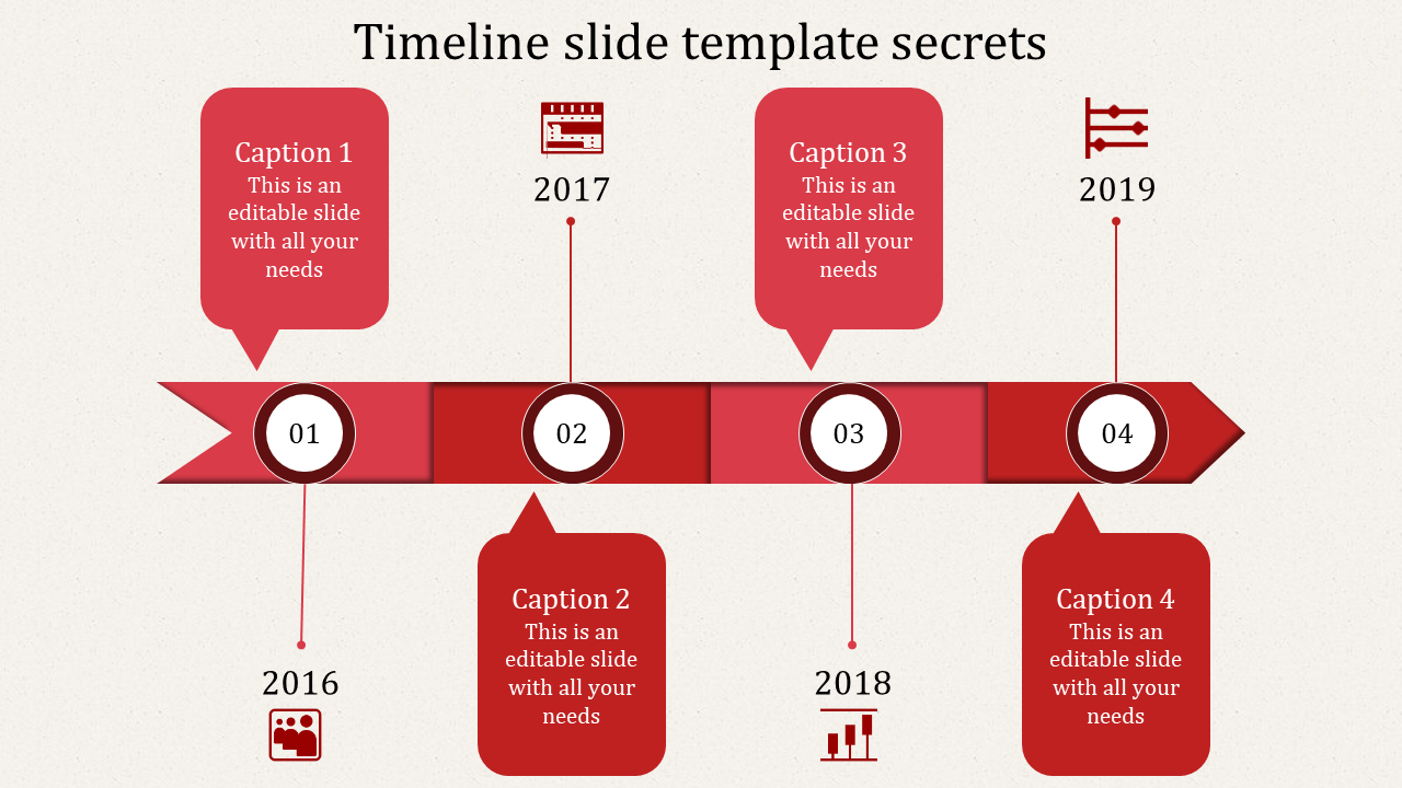 A red themed timeline slide with four stages, each featuring a year from 2016 to 2019, and captions with placeholder text.