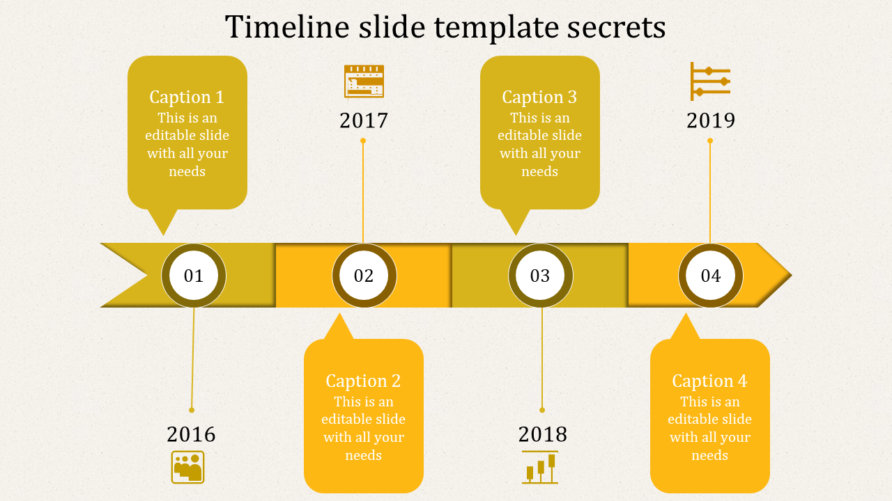 Orange ribbon timeline slide showing four steps with circular nodes and speech bubbles linked to years 2016 to 2019.