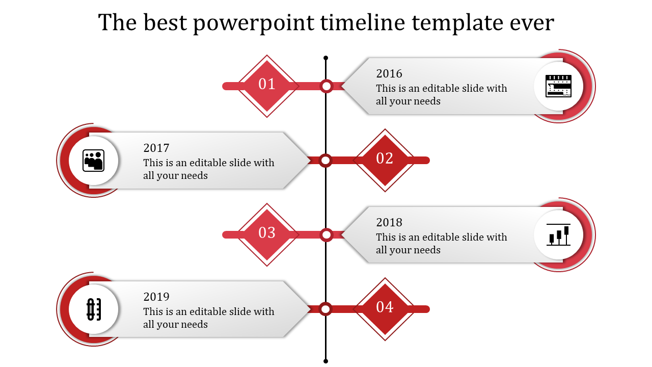 Grey vertical timeline template with diamond milestones and circular nodes, connected to horizontal text boxes with icons.