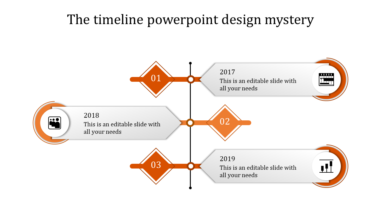 Blue vertical timeline slide with diamond milestones and circular nodes, connected to horizontal text boxes with icons.