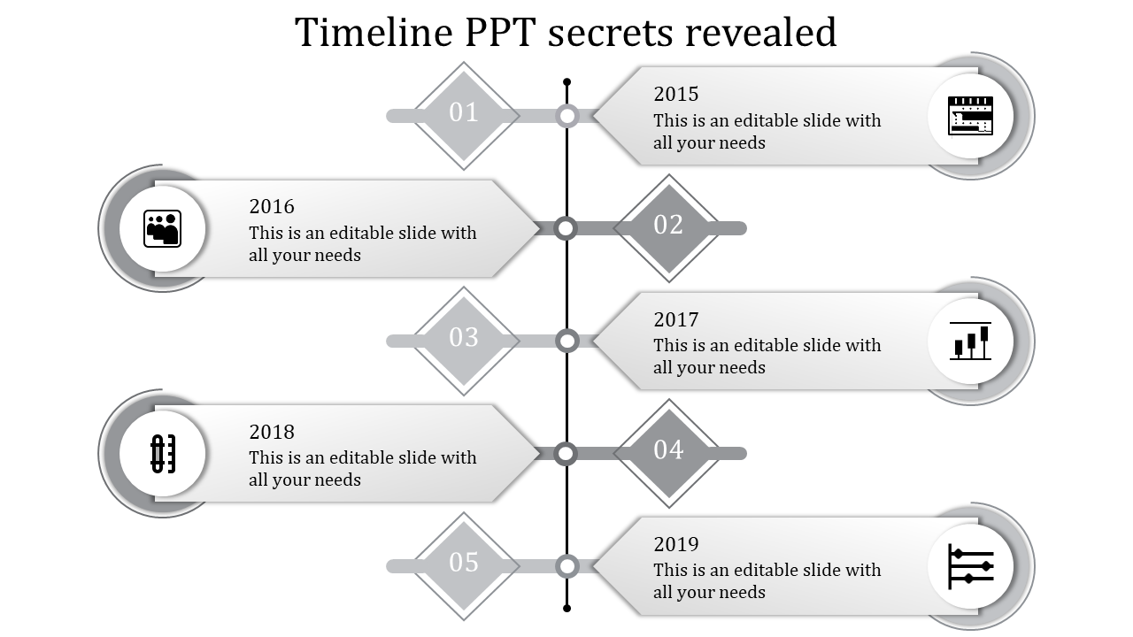 A monochrome timeline PowerPoint template with year markers, grey icons, and placeholders for content.