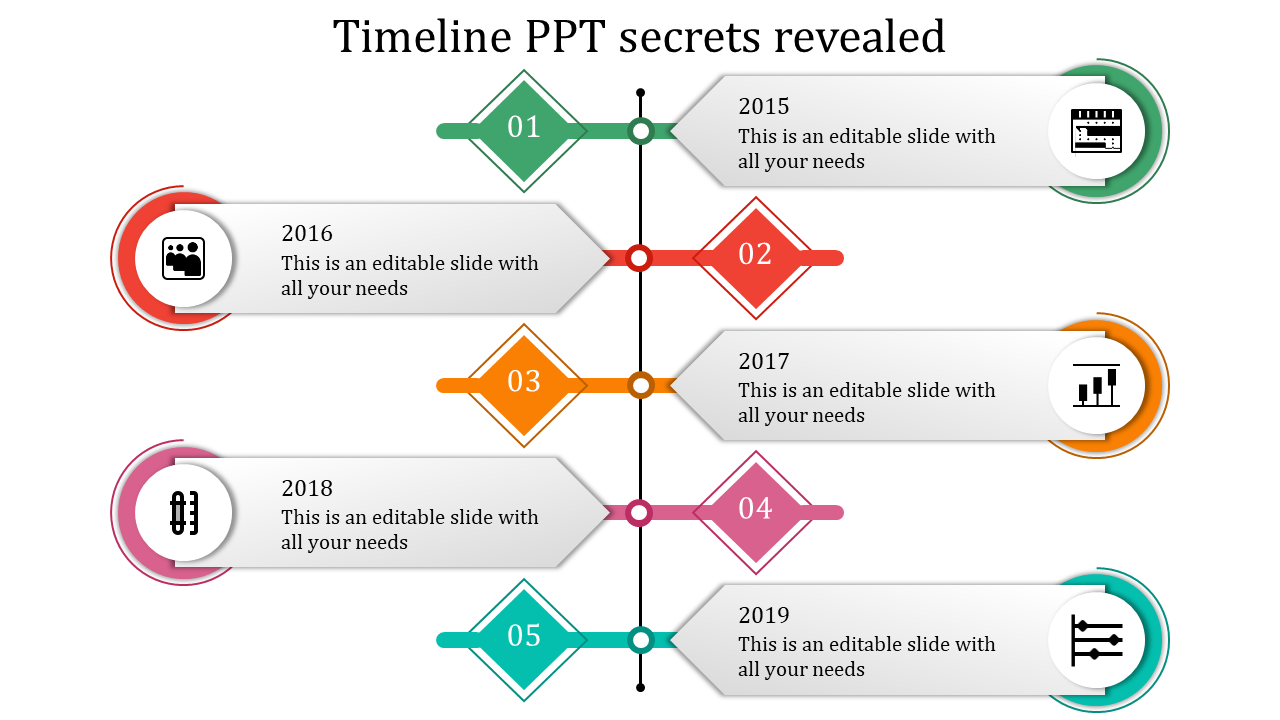 Vertical process timeline slide with numbered blue diamond shapes linked to circular nodes and descriptive text boxes.