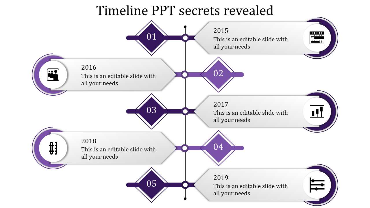 A monochrome timeline PowerPoint template with year markers, purple icons, and placeholders for content.