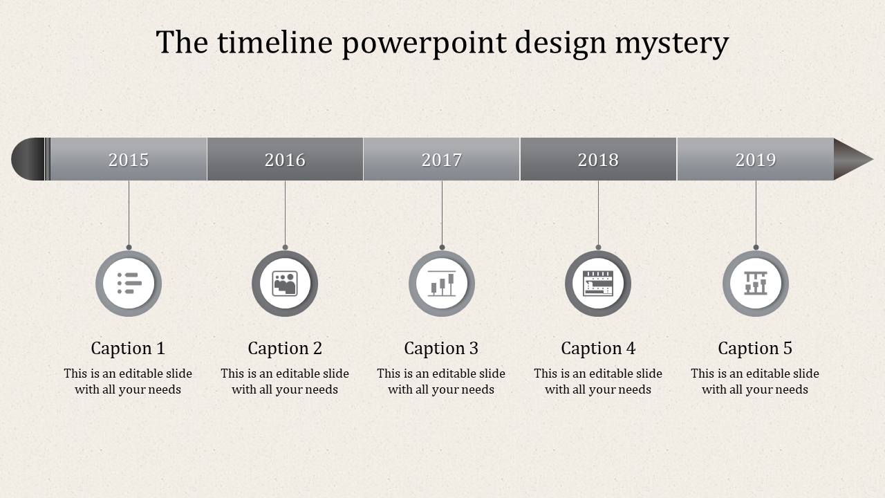 Timeline with gray arrows pointing to each year from 2015 to 2019, with circular icons and text areas below.