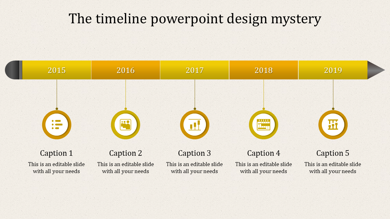 Timeline with an orange horizontal arrow showing years 2015 to 2019 connected to circular milestone icons.