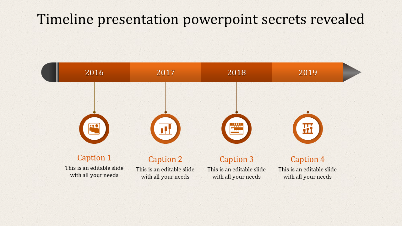 Orange themed timeline PowerPoint slide with circular markers for 2016 to 2019, each year with caption placeholders.