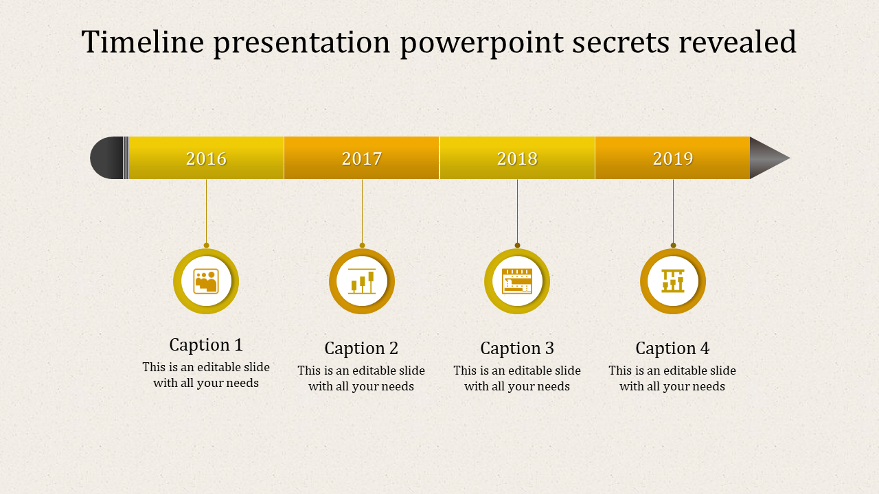 Yellow horizontal timeline with four circular icons, connected by a bar, with captions beneath each year.