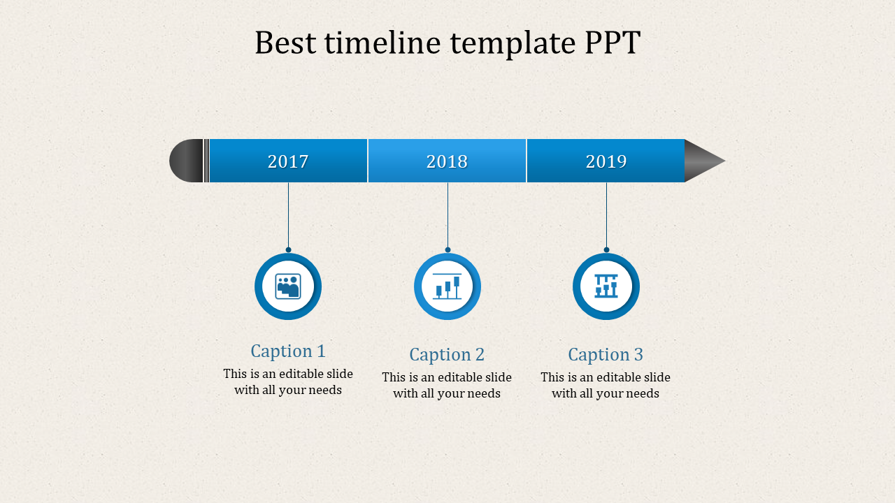 PPT timeline design slide with blue arrow markers for the years 2017 to 2019, each year marked with an icon and captions.