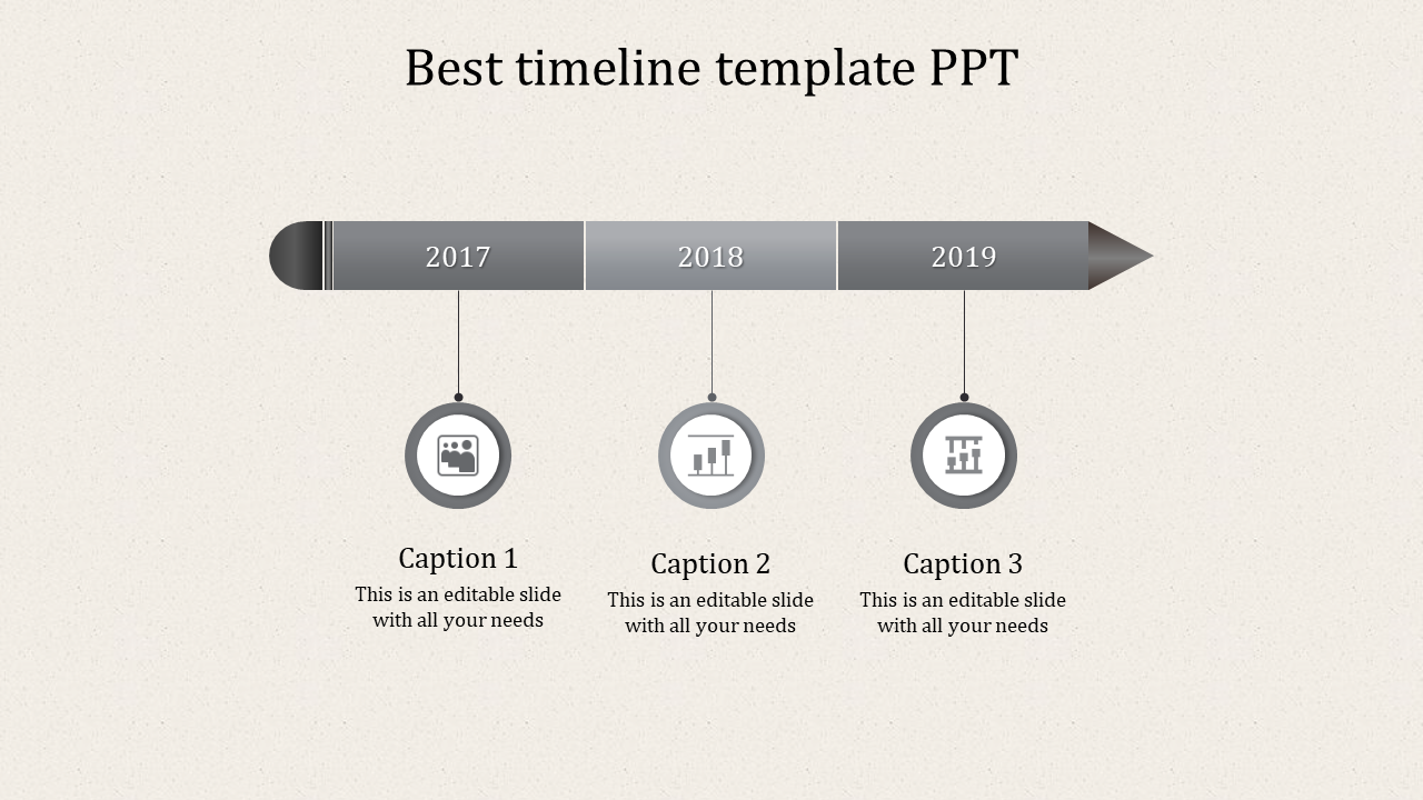 Gray timeline with labeled years 2017 to 2019, featuring circular icons and spaces for captions beneath each year.