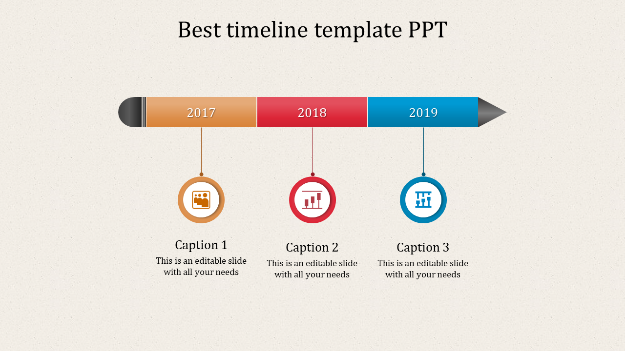 Multicolor timeline with orange, red, and blue segments for the years 2017 to 2019, with icons and captions.