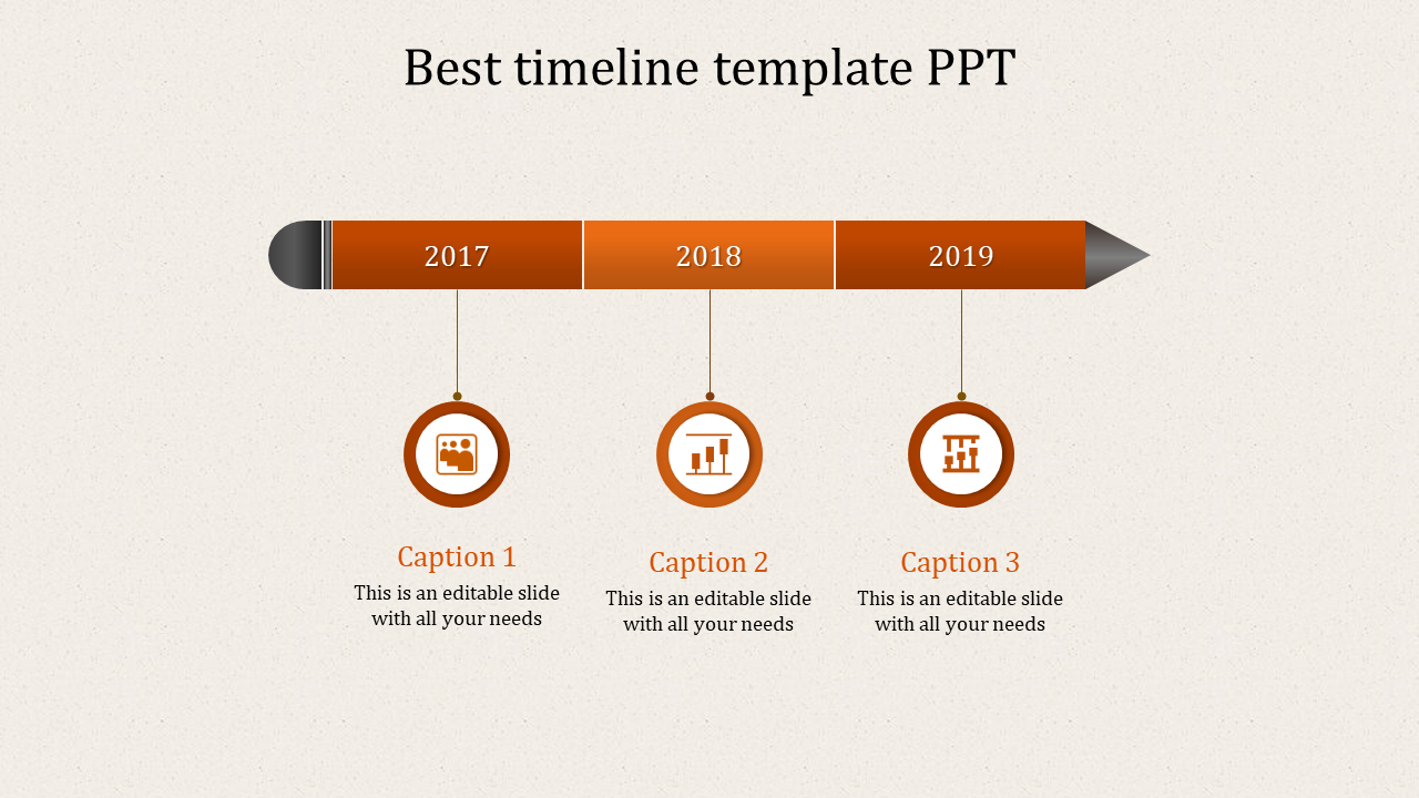 PPT timeline design slide with orange arrow markers for the years 2017 to 2019, each year marked with an icon and captions.