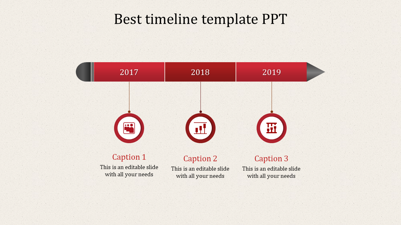 Timeline with red segments for the years 2017, 2018, and 2019, each marked with circular icons and captions.