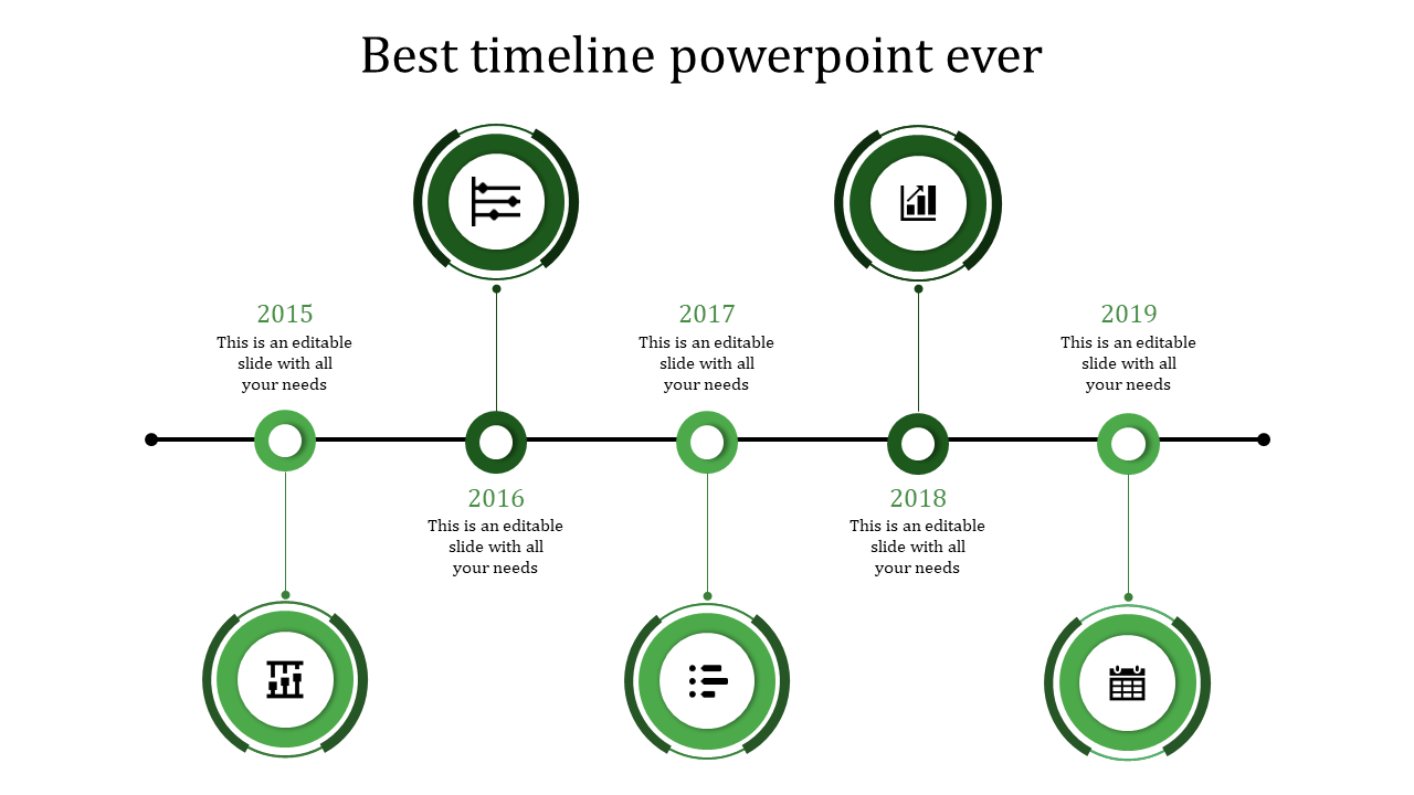 A green themed timeline PPT slide featuring years from 2015 to 2019 with circles marking key business milestones.