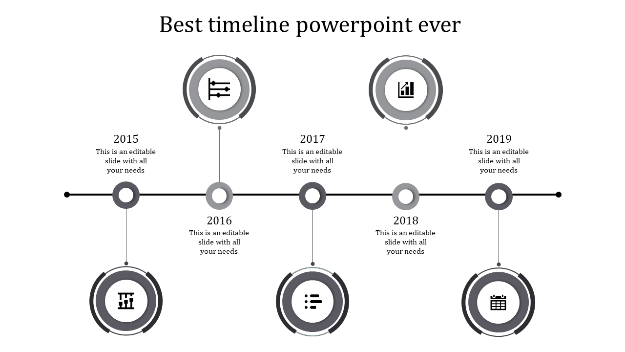 Horizontal timeline with yellow milestone markers, icons inside concentric circles, and alternating placeholders text areas. 
