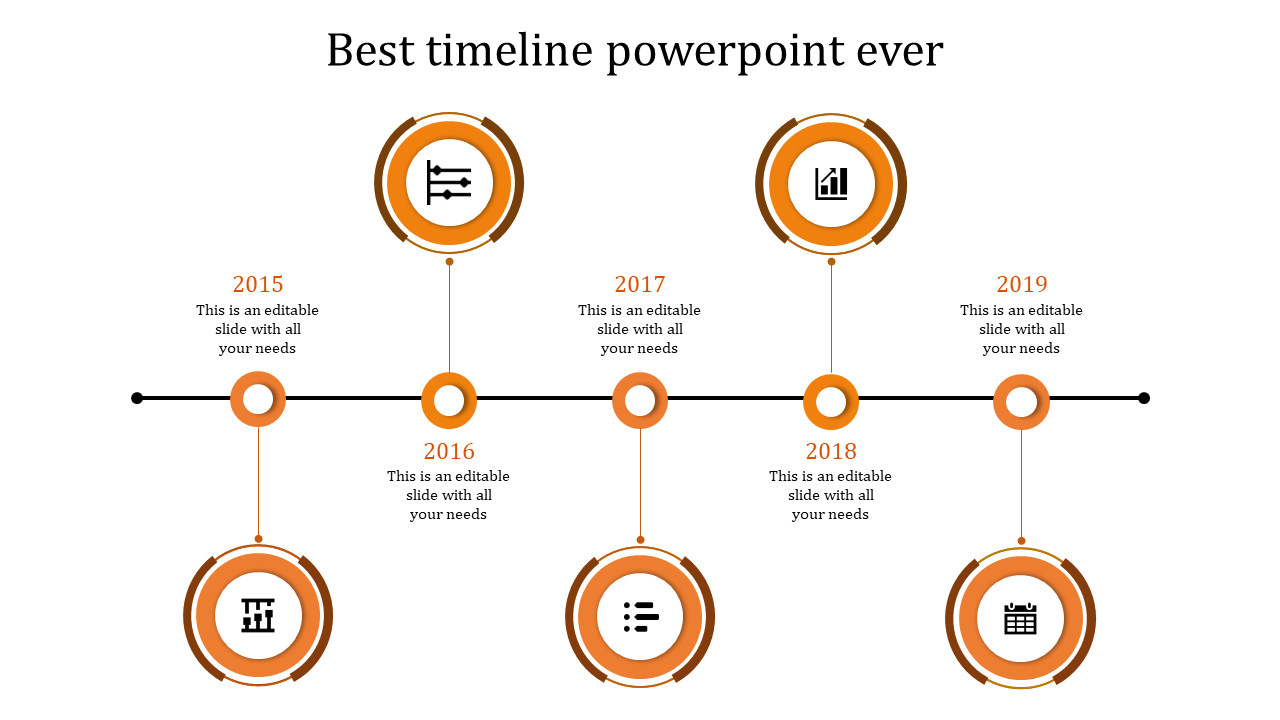 An orange themed timeline PPT slide featuring years from 2015 to 2019 with circles marking key business milestones.