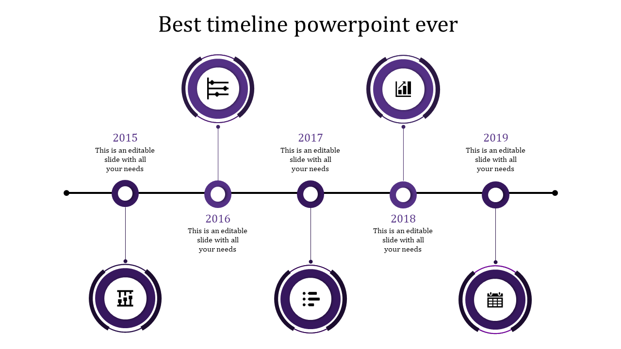 Modern grayscale timeline infographic with circular milestones, icons, and alternating placeholder text for each year.