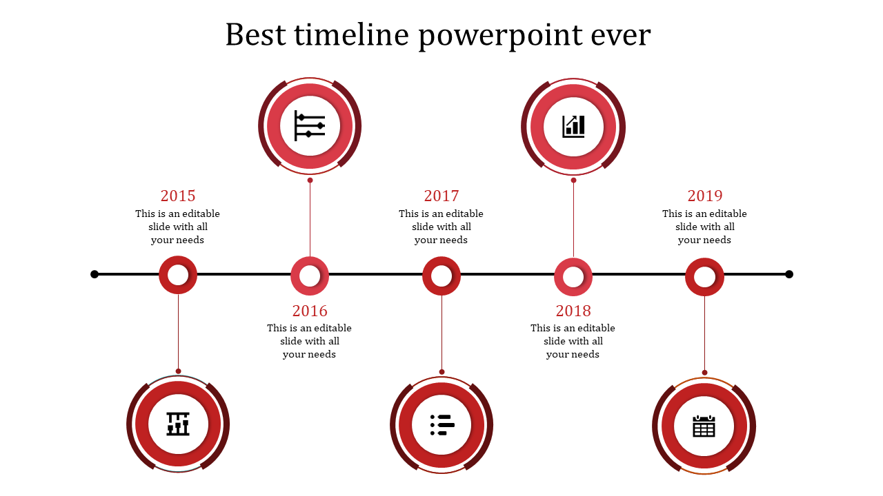 Timeline infographic with five red circular icons, in a structured layout, each with year based milestones.