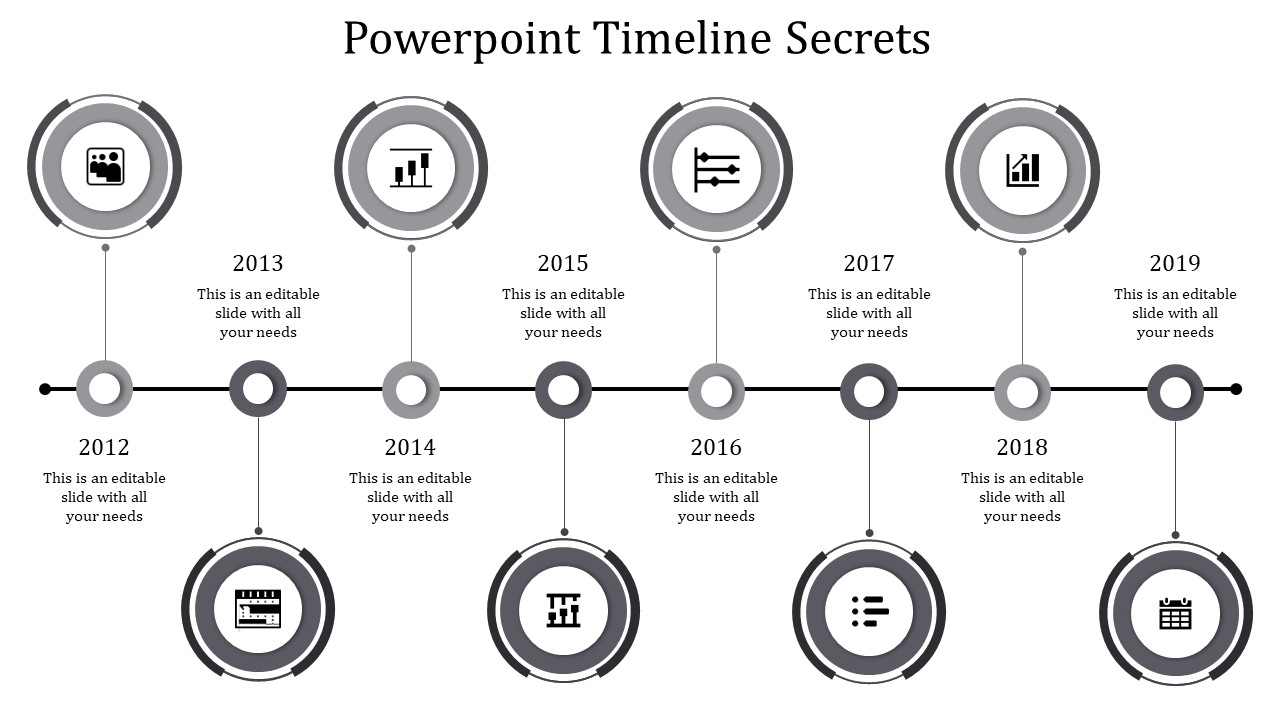 A PPT timeline slide with years from 2012 to 2019, each marked with a grey circle containing various icons and text.