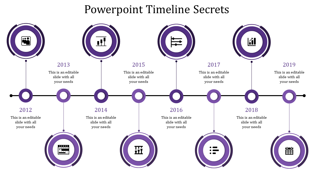 Timeline infographic featuring eight purple circular icons with milestone labels, in a structured horizontal layout.