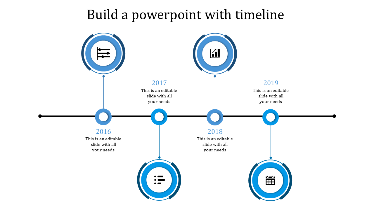 Minimalist horizontal timeline spanning 2015-2019, with purple milestone markers, icons, and placeholder text areas.
