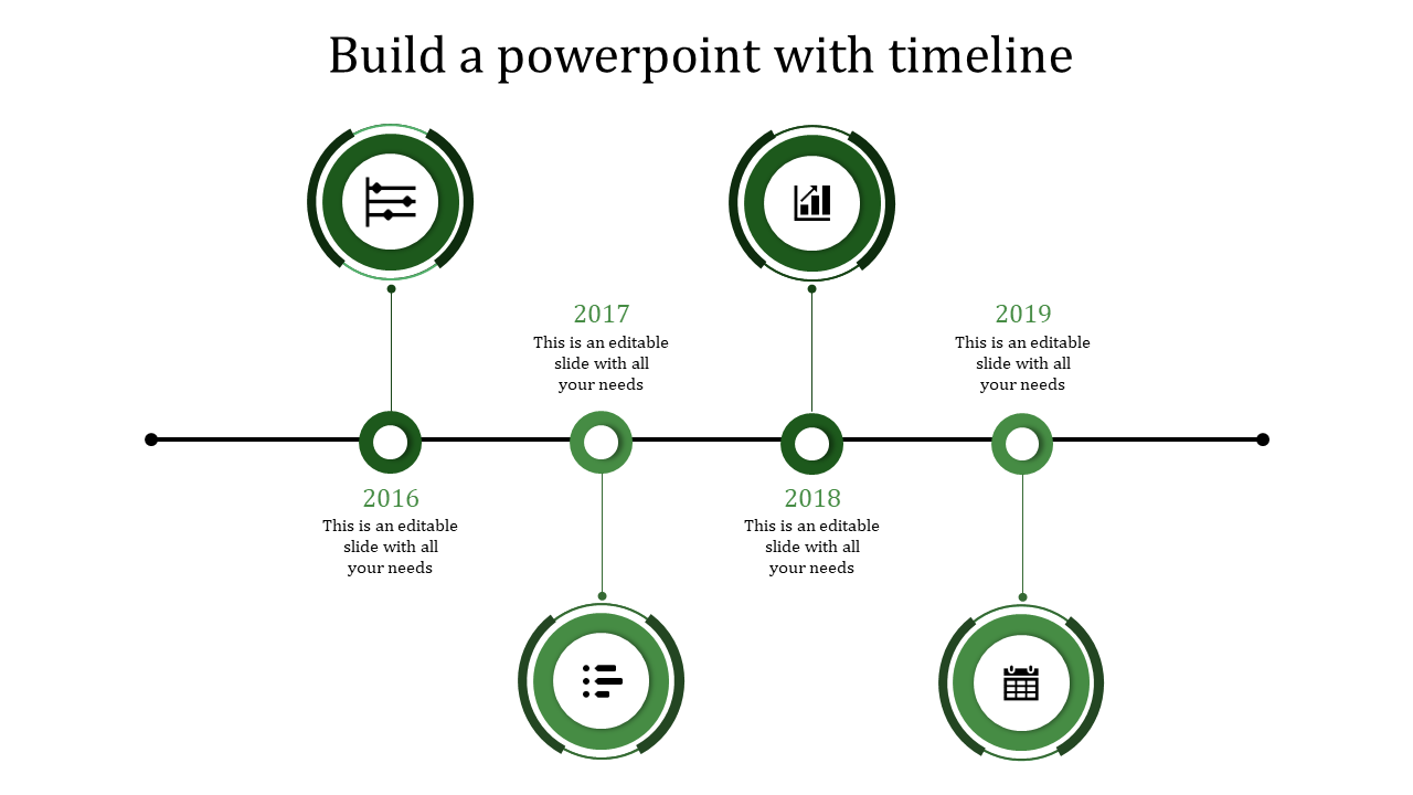Green themed timeline with four circular icons, on a black horizontal line, and milestone markers from 2016 to 2019.